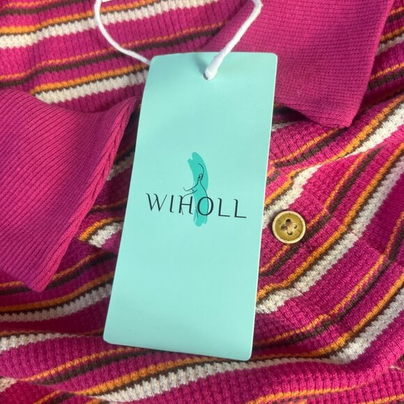 Wiholl Striped Collared Polo Shirt Womens Large Pink New - Picture 10 of 10